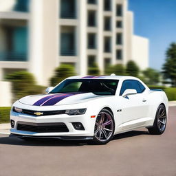 A sleek white 2015 Camaro with bright purple racing stripes running from the front to the back