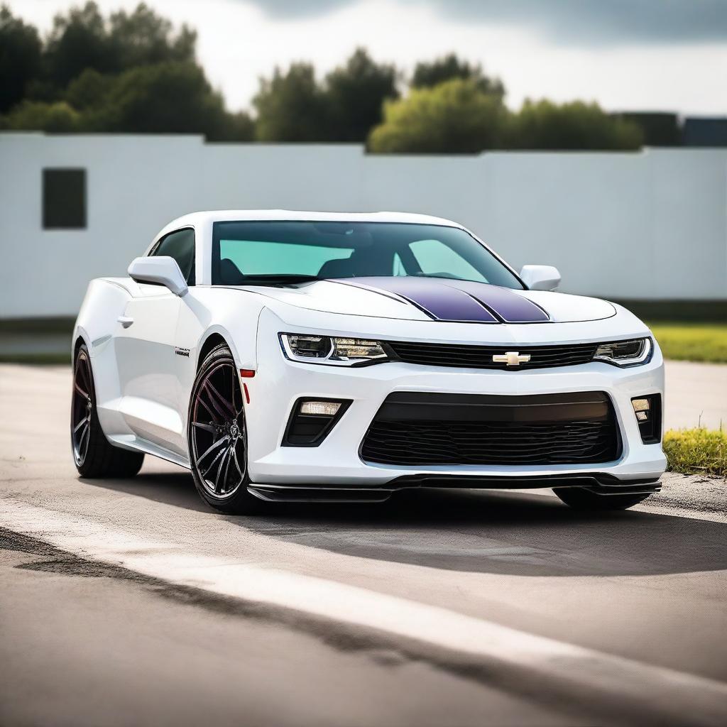 A sleek white 2015 Camaro with bright purple racing stripes running from the front to the back