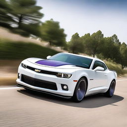 A sleek white 2015 Camaro with bright purple racing stripes running from the front to the back