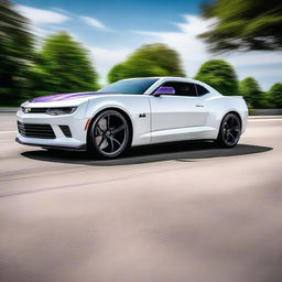 A sleek white 2015 Camaro with bright purple racing stripes running from the front to the back