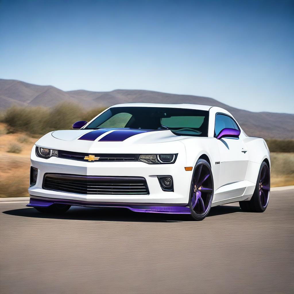 A sleek white 2015 Camaro with two bright purple racing stripes running parallel from the hood, over the cab, to the trunk