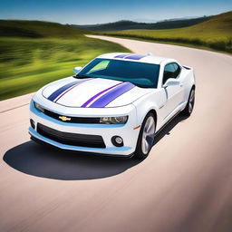 A sleek white 2015 Camaro with two bright purple racing stripes running parallel from the hood, over the cab, to the trunk