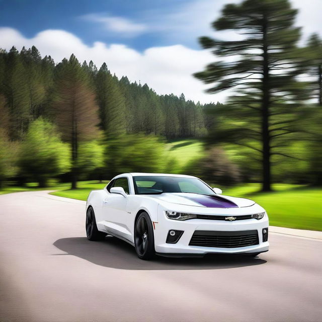 A sleek white 2015 Camaro with two bright purple racing stripes running parallel from the hood, over the cab, to the trunk