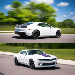 A sleek white 2015 Camaro with two bright purple racing stripes running parallel from the hood, over the cab, to the trunk