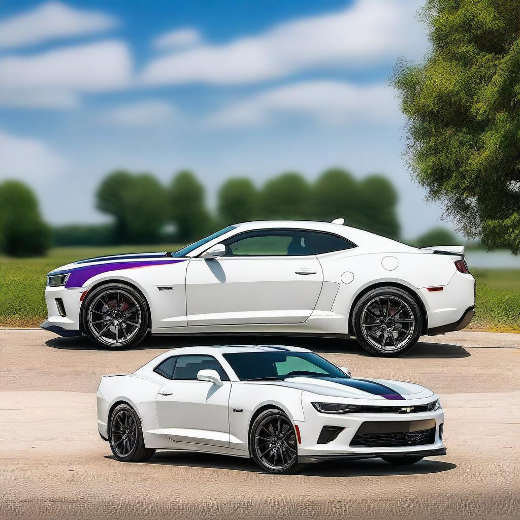 A sleek white 2015 Camaro designed to resemble a Minnesota Vikings uniform