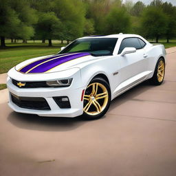 A sleek white 2015 Camaro designed to resemble a Minnesota Vikings uniform