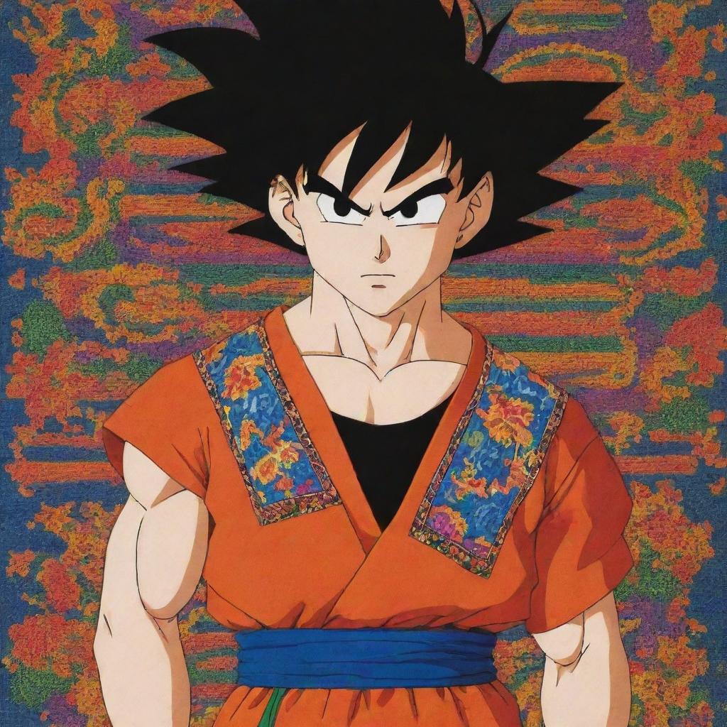 Goku from Dragon Ball Z, depicted wearing traditional Bolivian attire, complete with bright colors and intricate patterns.