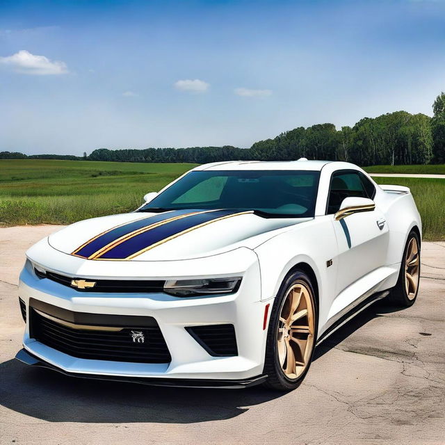 A sleek white 2015 Camaro designed to resemble a Minnesota Vikings uniform