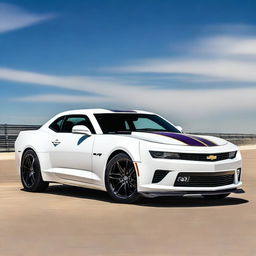 A sleek white 2015 Camaro designed to resemble a Minnesota Vikings uniform