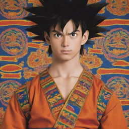 Goku from Dragon Ball Z, depicted wearing traditional Bolivian attire, complete with bright colors and intricate patterns.