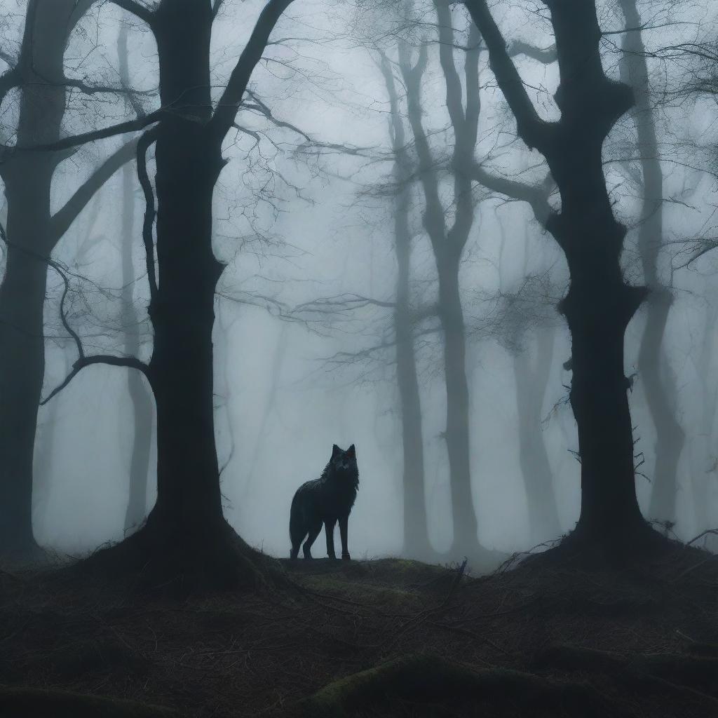 A dark aesthetic book cover featuring a dense, eerie forest with twisted trees and shadows