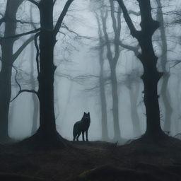 A dark aesthetic book cover featuring a dense, eerie forest with twisted trees and shadows