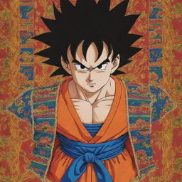 Goku from Dragon Ball Z, depicted wearing traditional Bolivian attire, complete with bright colors and intricate patterns.