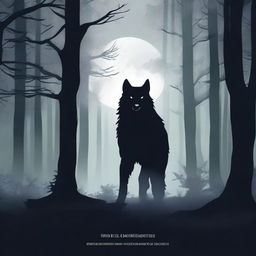 Create a dark aesthetic book cover featuring a white lycanthrope in the distance, standing in a dense, shadowy forest