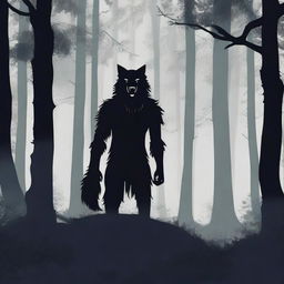 Create a dark aesthetic book cover featuring a white lycanthrope in the distance, standing in a dense, shadowy forest