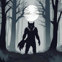 Create a dark aesthetic book cover featuring a white lycanthrope in the distance, standing in a dense, shadowy forest