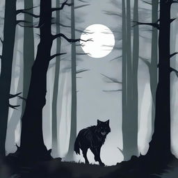 Create a dark aesthetic book cover featuring a white lycanthrope in the distance, standing in a dense, shadowy forest