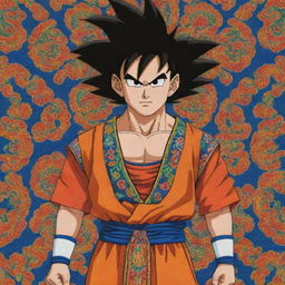 Goku from Dragon Ball Z, depicted wearing traditional Bolivian attire, complete with bright colors and intricate patterns.