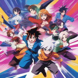 A dynamic and eye-catching anime poster featuring colorful characters in action poses