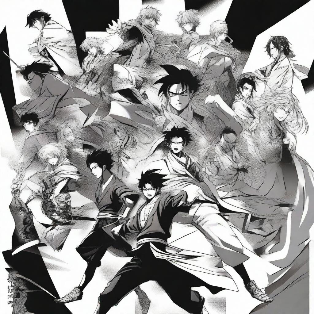 A striking manga poster featuring black and white illustrations of characters in dramatic poses