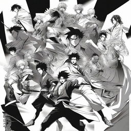 A striking manga poster featuring black and white illustrations of characters in dramatic poses