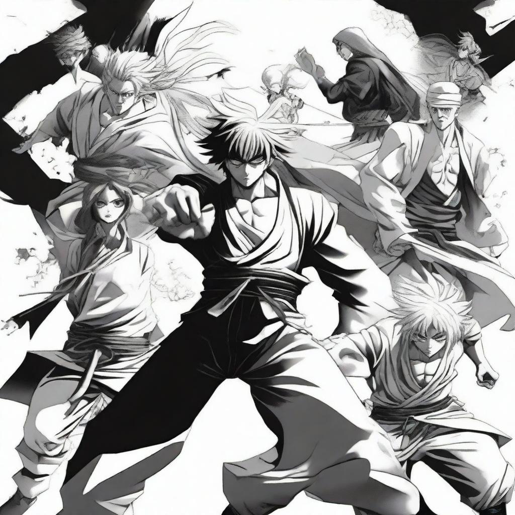 A striking manga poster featuring black and white illustrations of characters in dramatic poses