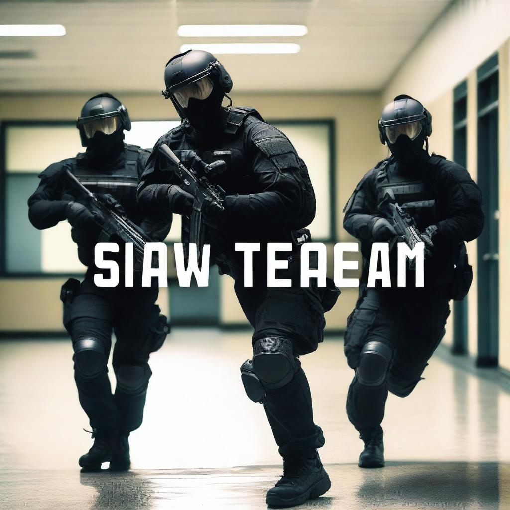 Create a 32k ultra HD YouTube thumbnail featuring a SWAT team in action inside a school