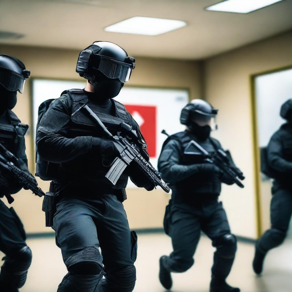 Create a 32k ultra HD YouTube thumbnail featuring a SWAT team in action inside a school