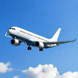 A high-resolution photo of a modern airplane flying in a clear blue sky