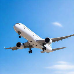 A high-resolution photo of a modern airplane flying in a clear blue sky