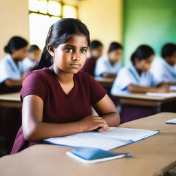 A 14-year-old girl with a fair brown complexion and a slightly chubby face is wearing a loose-fitting dress