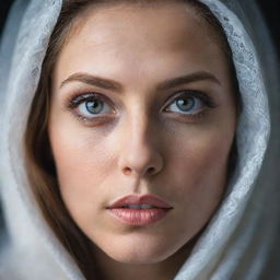 A portrait of a woman with captivating, beautiful eyes that stand out prominently. Her gaze is filled with depth and intrigue.