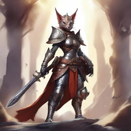 A female Kobold knight clad in ornate armor, wielding a massive greataxe