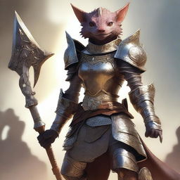 A female Kobold knight clad in ornate armor, wielding a massive greataxe