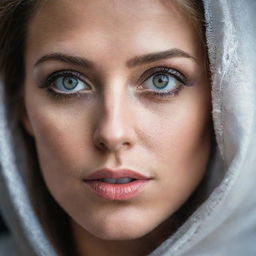 A portrait of a woman with captivating, beautiful eyes that stand out prominently. Her gaze is filled with depth and intrigue.