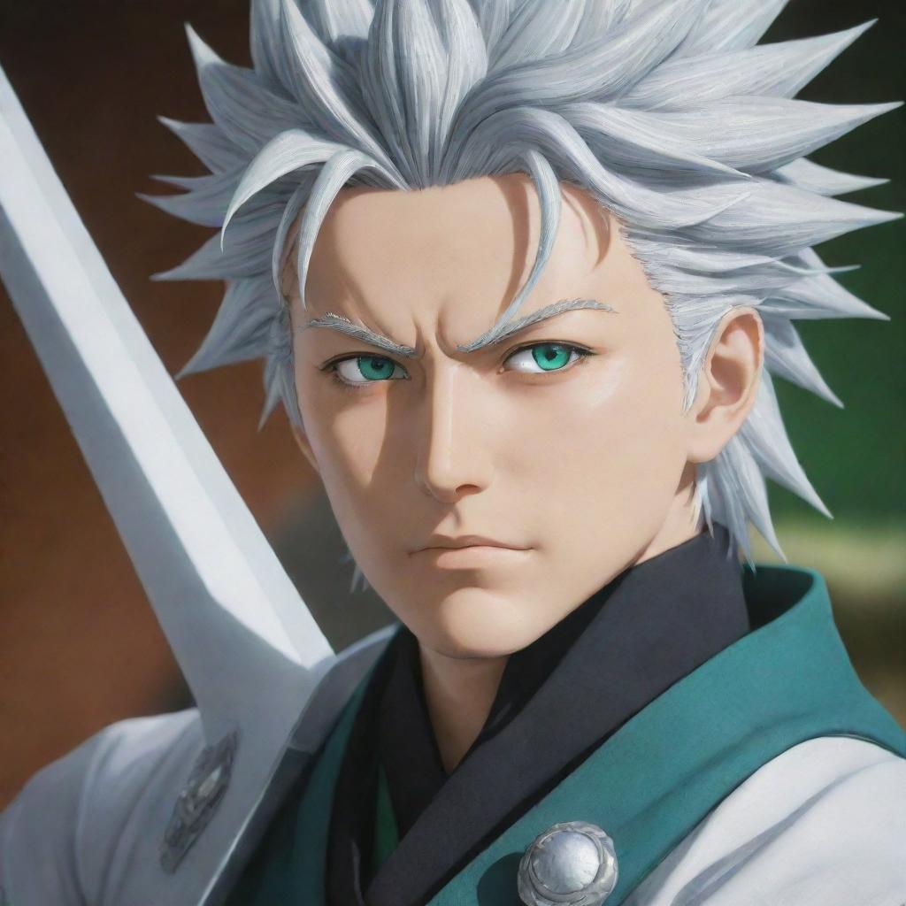 A close up portrait of Captain Hitsugaya from the anime Bleach. His sharp teal eyes, silver hair, and green and white captain's uniform are clearly depicted. His sword, Hyorinmaru, rests on his shoulder with the dragon hilt visible.