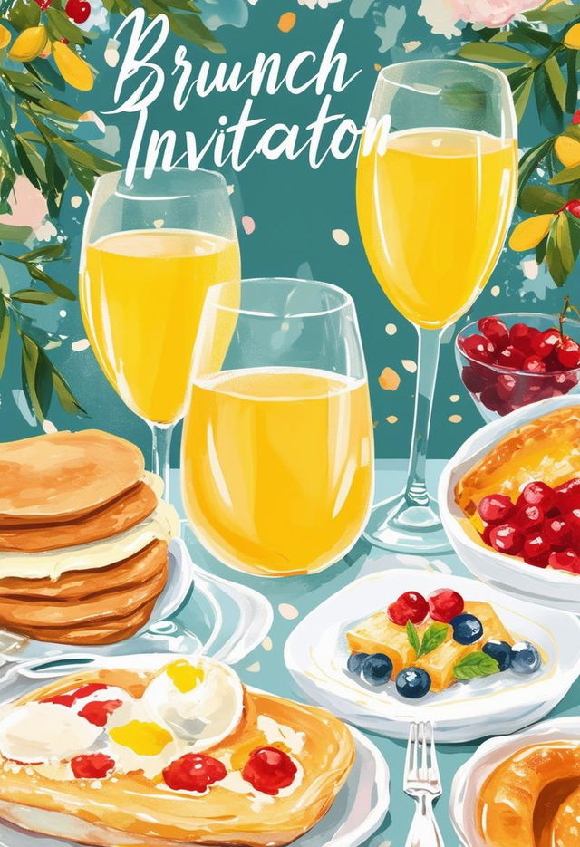 Book cover titled 'Brunch Invitation' with a festive background featuring a French breakfast spread and mimosas, set in a cozy and cheerful atmosphere