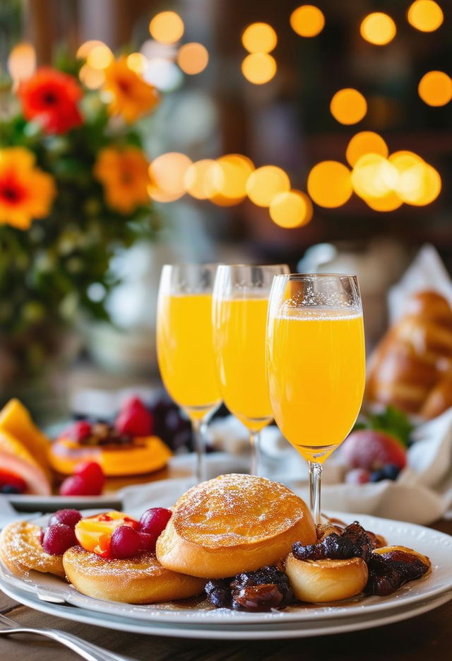 Book cover titled 'Brunch Invitation' with a festive background featuring a French breakfast spread and mimosas, set in a cozy and cheerful atmosphere