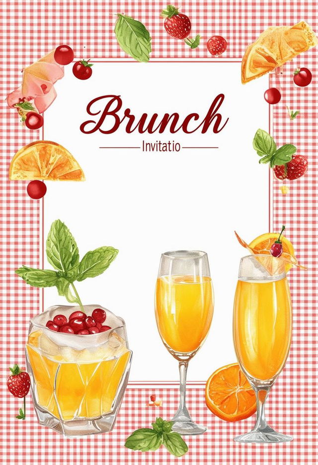 Book cover titled 'Brunch Invitation' with a gingham pattern background, featuring subtle elements of a French breakfast spread and mimosas