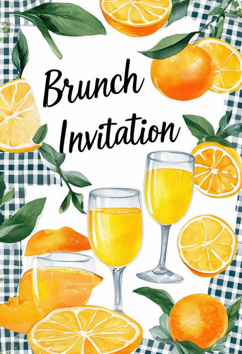 Book cover titled 'Brunch Invitation' with a gingham pattern background, featuring subtle elements of a French breakfast spread and mimosas