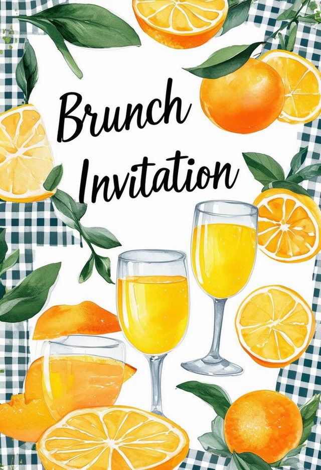 Book cover titled 'Brunch Invitation' with a gingham pattern background, featuring subtle elements of a French breakfast spread and mimosas