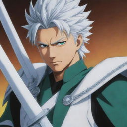 A close up portrait of Captain Hitsugaya from the anime Bleach. His sharp teal eyes, silver hair, and green and white captain's uniform are clearly depicted. His sword, Hyorinmaru, rests on his shoulder with the dragon hilt visible.