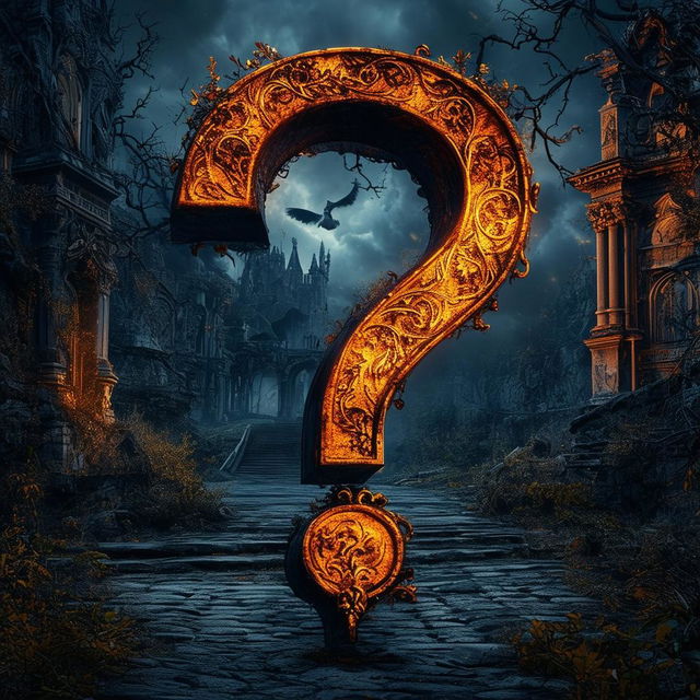 A gothic book cover design featuring a bold question mark ("?") in an ornate font with an interesting background of dark, brooding landscapes, ancient architecture, or eerie scenes