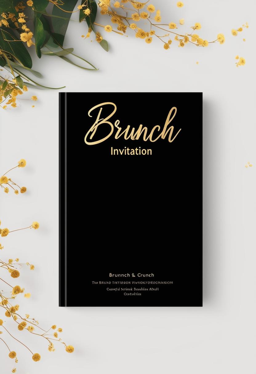 Minimal book cover titled 'Brunch Invitation' with a black background and gold handwriting