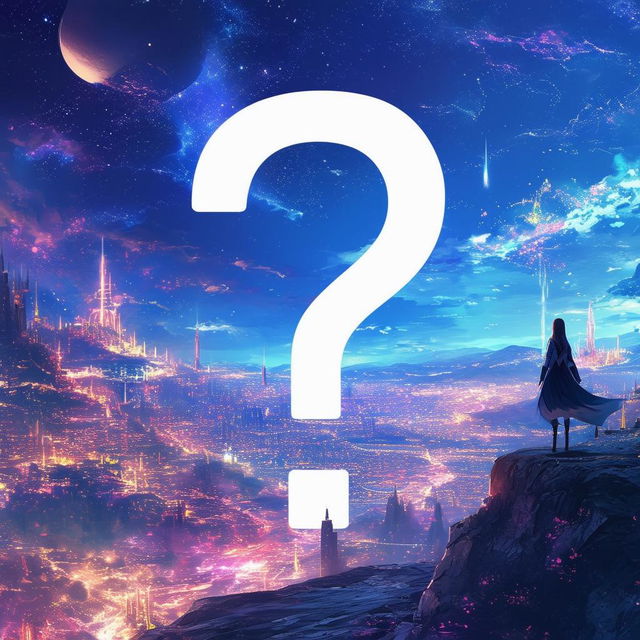 A book cover design featuring an anime-styled question mark ("?") with an interesting background of fantasy landscapes, futuristic cityscapes, or abstract patterns