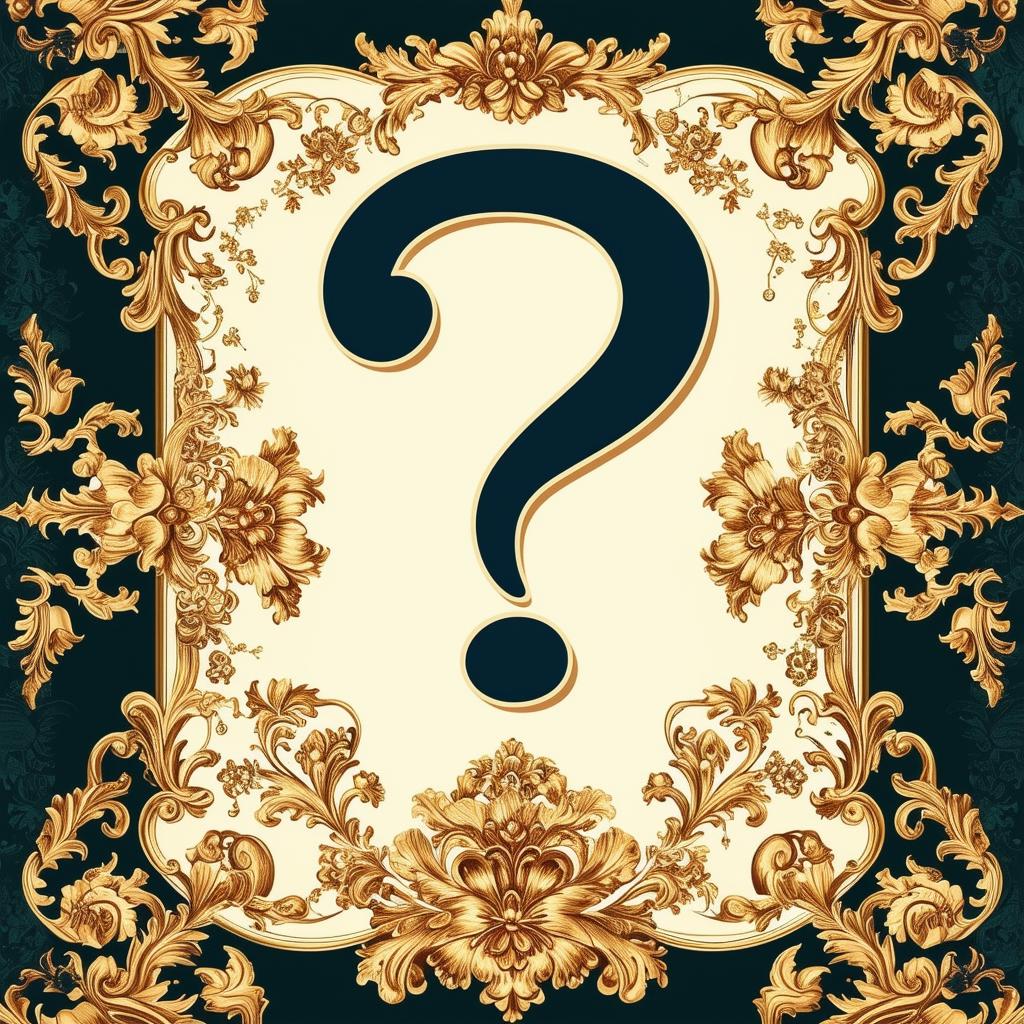 A rococo book cover design featuring an ornate question mark ("?") in an elaborate font with an interesting background of lush patterns, floral motifs, or grand architecture