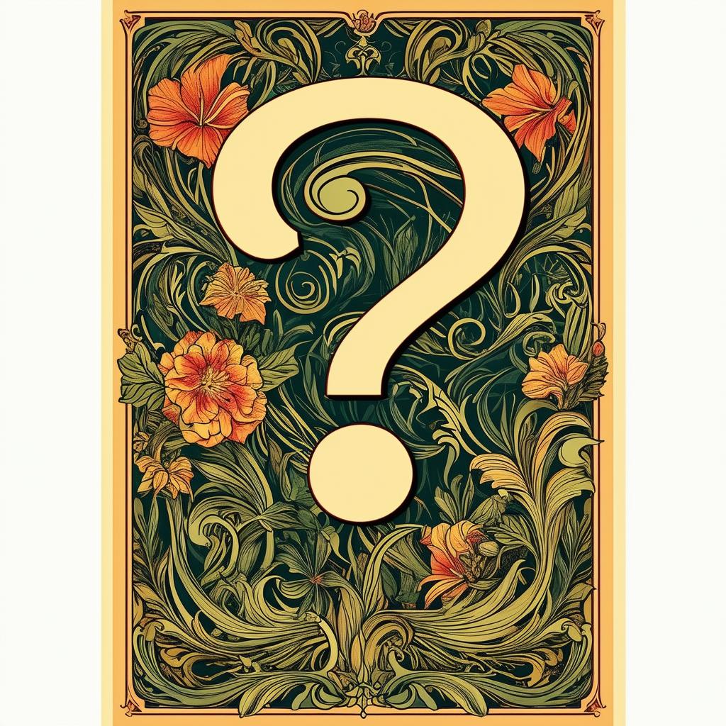 An art nouveau book cover design featuring an elegant question mark ("?") in an intricate font with an interesting background of flowing lines, floral patterns, and natural forms