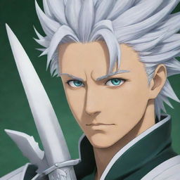 A close up portrait of Captain Hitsugaya from the anime Bleach. His sharp teal eyes, silver hair, and green and white captain's uniform are clearly depicted. His sword, Hyorinmaru, rests on his shoulder with the dragon hilt visible.