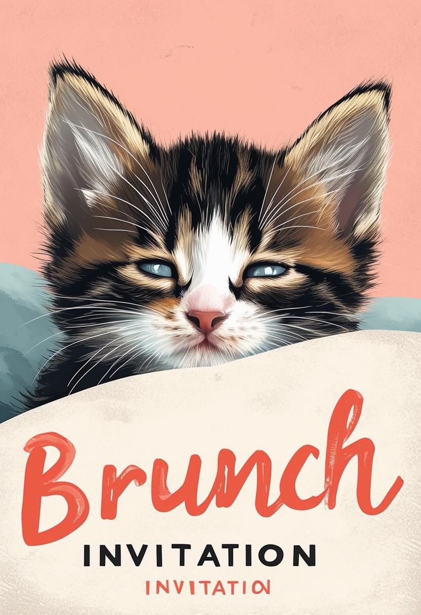 Minimal book cover titled 'Brunch Invitation' featuring a background of a kitten waking up