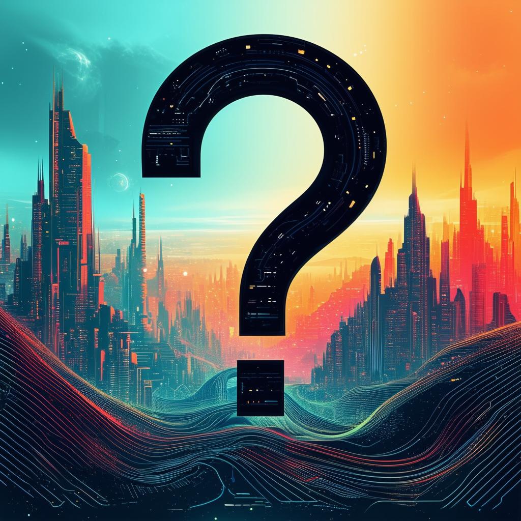 A book cover design featuring a sci-fi-styled question mark ("?") with an interesting background of futuristic cityscapes, alien landscapes, or abstract technological patterns